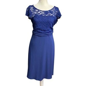 Motherhood Maternity Cap Sleeve Lace Inlet Dress Size M Royal Blue Back Tie